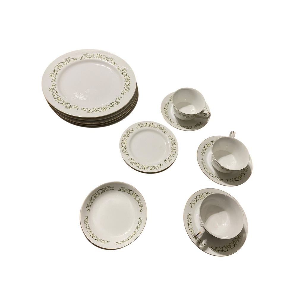 Bell Flower 2999 Japan Fine‎ China Gold Trim Green Scroll Vintage 14 Pc Set